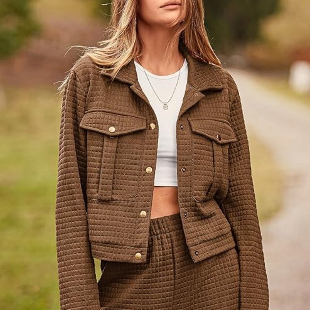 Comfy casual sophisticated loungewear set w/ Cafe Brown quilted shacket XL(16)